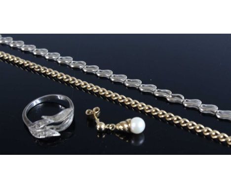 A 9ct gold flat curblink neck chain (broken), 6.2g; together with an Italian 9ct white gold neck chain (broken), 7.2g; a 9ct 