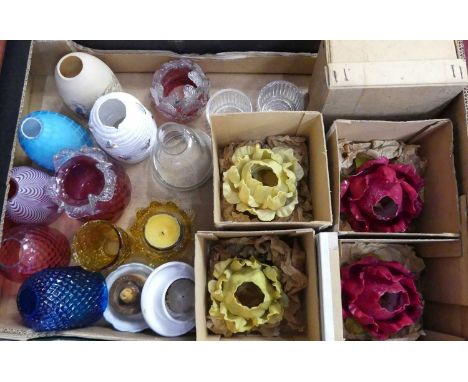 A collection of glass fairy light shades to include cranberry and yellow glass examples, together with others