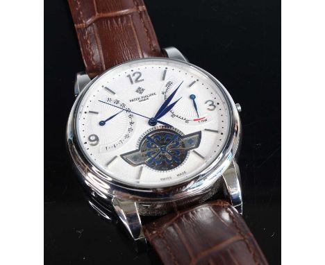 A gent's steel cased chronograph wristwatch, having a glass back cover and on leather bracelet, case dia. 45mm (lacking windi