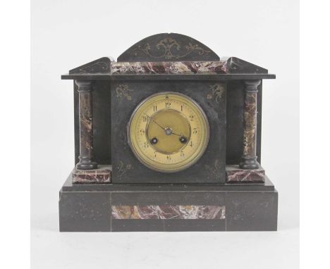 A late Victorian black slate and veined marble cased mantel clock of architectural form having an enamel chapter ring with Ar