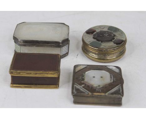 A 19th century mother of pearl and base metal mounted pocket snuff box of hinged octagonal form together with three other 19t