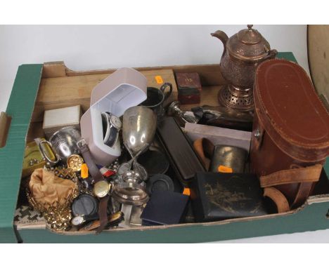 A box of miscellaneous to include silver plated tennis trophy goblet with similar plaque, rolled gold gents cufflinks, commem