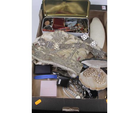 A Chinese white metal nurse's belt (a/f), an embroidered silk panel, ladies and gents fashion watches, mother of pearl pendan