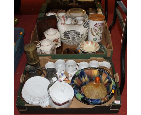 Two boxes of glassware, ceramics and other items, to include Mdina style glass bottle and stopper, brass miner's lamp etc 