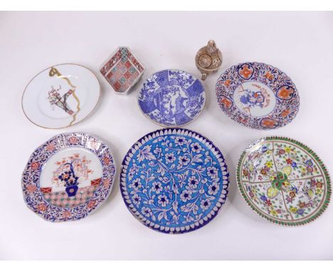 A box of mainly oriental ceramics to include a Japanese satsuma koro, the pierced dome cover surmounted by a seated figure, e