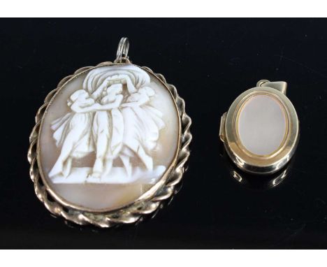 A carved shell cameo brooch depicting The Three Graces, 9ct pendant mount, 4 x 3.2cm; together with a 9ct gold and mother of 