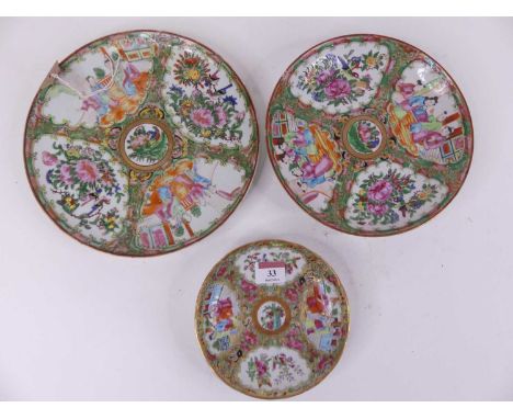 Three Chinese porcelain dishes, each enamel decorated in the famille verte pattern, largest dia. 25cm