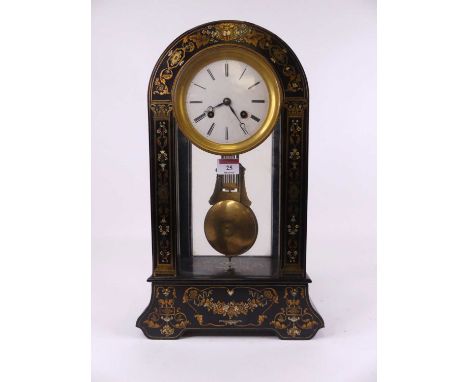 A mid 19th century ebonised cut brass and ivory inlaid dome topped mantel clock, the enamel dial showing Roman numerals havin