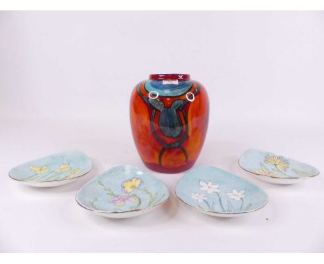 A Poole pottery volcano pattern vase, height 22cm, together with a set of six studio pottery dishes each decorated with flowe