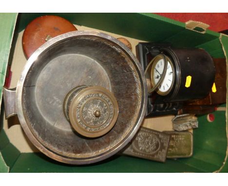 A collection of miscellaneous items to include; an early 20th century coopered oak jardiniere, height 15cm, an Art Deco walnu