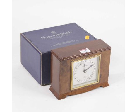 A mid-20th century Elliott walnut cased mantel clock, having a silvered chapter ring with Roman numerals, retailed by Mappin 