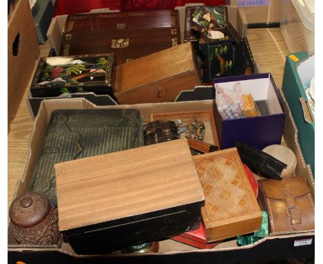 Two boxes of miscellaneous items, to include music box parts, rosewood writing slope and magic lantern slides 