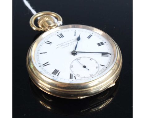 A gent's Winegarten's of Bishopsgate London gold plated open faced pocket watch, having signed white enamel dial, subsidiary 