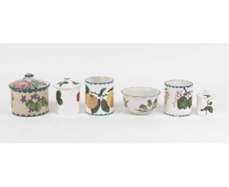 A Wemyss biscuit barrel and cover, the associated cover decorated with pink cabbage roses and inscribed Biscuits, the drum sh