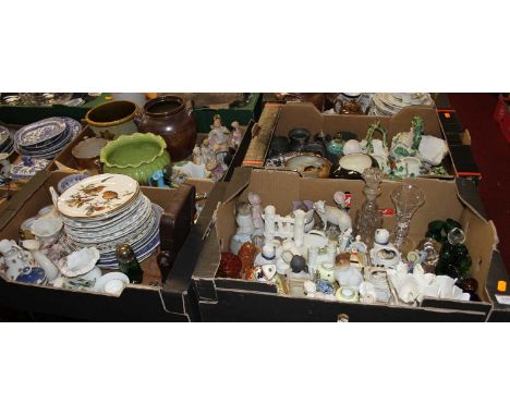 Four boxes of ceramics and glassware to include Staffordshire pottery spill vase in the form of a rambler before a tree trunk