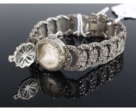 A lady's Boucherer metal and marcasite set cocktail watch, having manual wind movement 