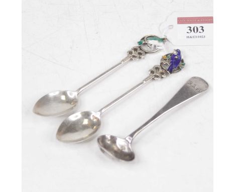 A pair of believed Australian sterling silver teaspoons, each terminal enamel decorated with a bird; together with a George V