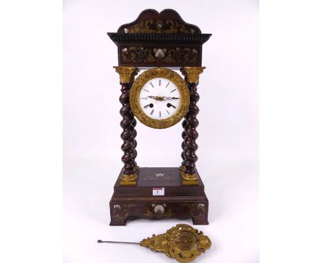 A mid 19th century rosewood cased, cut brass and mother of pearl marquetry inlaid portico clock, having a double domed beaded