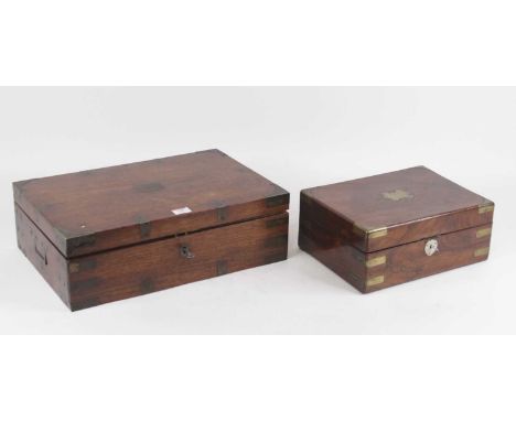 A 19th century mahogany and brass bound box, having twin recessed brass handles, containing various draughtsman's tools and i