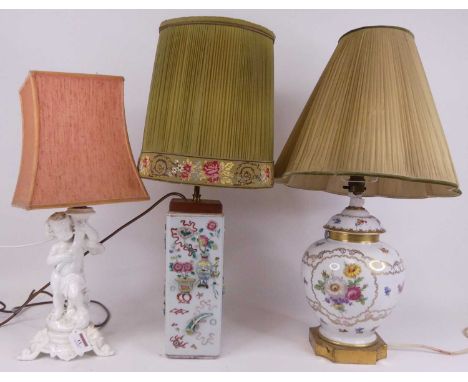 A Chinese pottery table lamp, decorated in high relief with vases, height excluding fittings 29cm, together with a blanc de c
