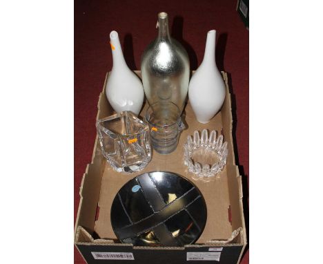 A collection of ceramics and glassware to include; a Kosta Boda glass vase of lozenge shape having a canted base, height 18cm
