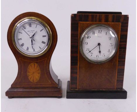An Edwardian mahogany and inlaid balloon shaped mantel clock, having later quartz movement and dial, height 23cm, together wi