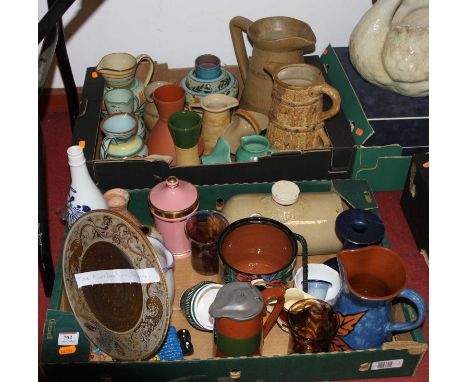 Two boxes of ceramics, to include a Moss Pottery Llanbrynmair plate (Michael &amp; Joanne) with incised rim decorated with ca