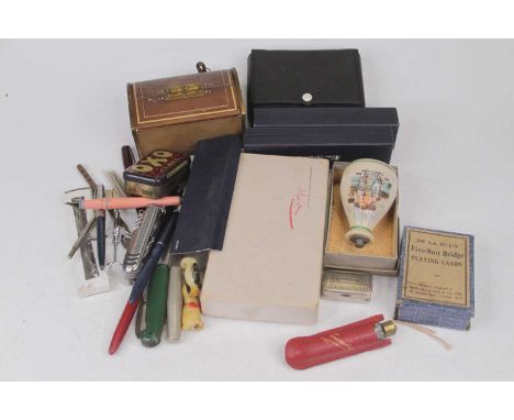 A collection of miscellaneous items, to include a boxwood and ebony turned chess set (incomplete), playing cards and pens etc