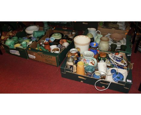 Four boxes of ceramics to include Devon Pottery matt green glazed pottery part coffee service, novelty Van Hill pottery table