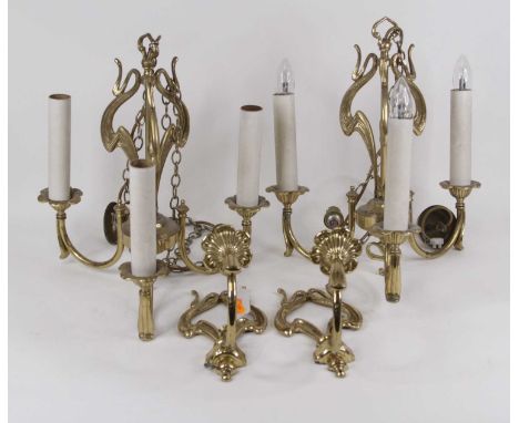 A pair of Art Nouveau style brass three sconce ceiling light fittings; together with a pair of matching single sconce wall li