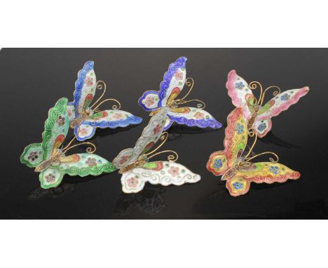A set of six gilt metal and enamel butterfly, wingspans each approx 6cm 