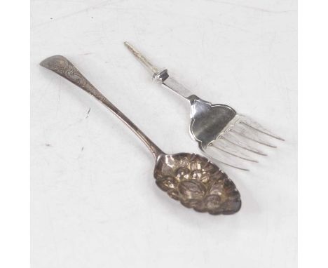 A George III silver berry spoon, having embossed bowl and bright cut engraved stem, maker Peter, Anne &amp; William Bateman, 