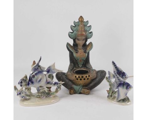 A box of miscellaneous items to include a Dutch Jema pottery model of angel fish numbered 181, one other similar example, a r