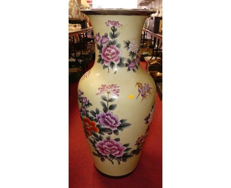 A large Chinese yellow glazed floor vase of inverse baluster form, enamel decorated with flowers, height 93cm