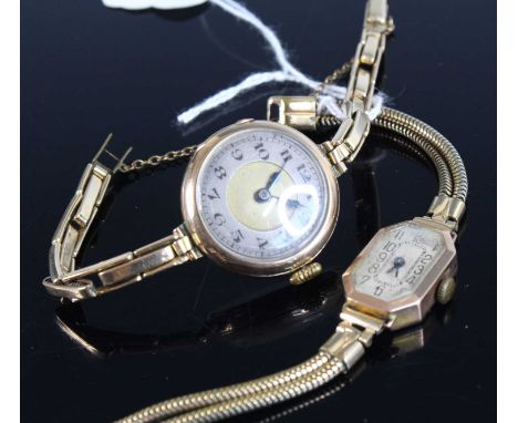 An Art Deco lady's 9ct gold cased manual wind wristwatch, on gilt metal snake link bracelet; together with a vintage lady's 9