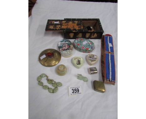 A mixed lot including costume jewellery, trinket box, jade, onyx, tins, porcupine quill box etc.,