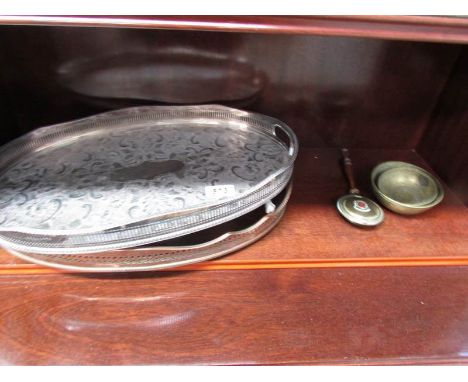A copper gallery tray, a silver plate gallery tray on claw feet (one foot a/f) and other metal ware.