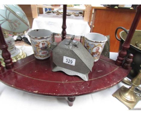 2 1911 enamel commemorative beakers and a pewter coal scuttle sugar caddy.