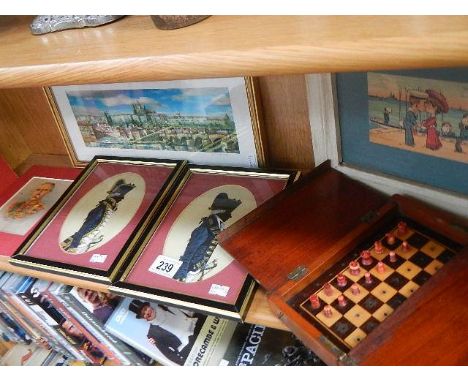 A wooden travelling chest set (1 piece missing) and 6 small prints including military.