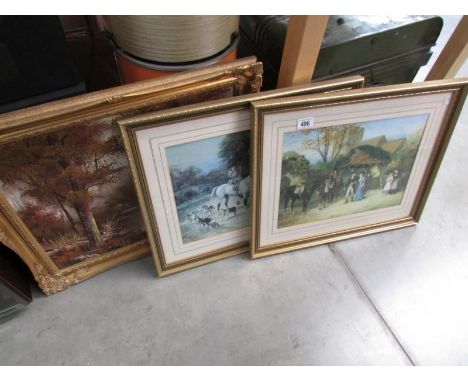 3 scenic framed pictures - one on canvas and 2 prints under glass.