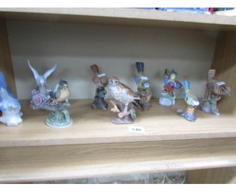 A shelf of bird figures.