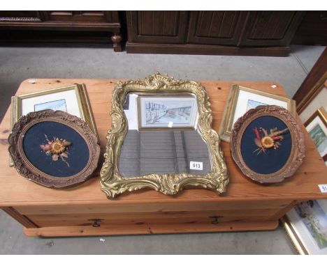 A gilt framed mirror, 2 bird prints and 2 other items.