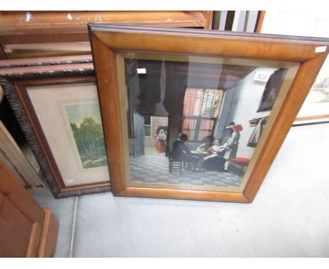 3 wood framed prints including Medice print 'The Card Players' after Peter de Hooch and a framed bevel edged mirror.