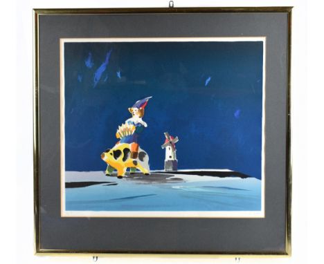 DONALD HAMILTON FRASER; a signed coloured print, clown on piggybank, signed lower right inscribed P.P.5 lower left, 43 x 55.5