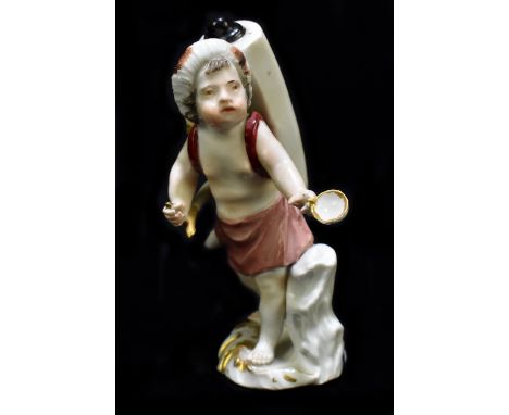 MEISSEN; a late 18th century figure of a child wine seller with tap in right hand and cup in left, painted marks to back of b