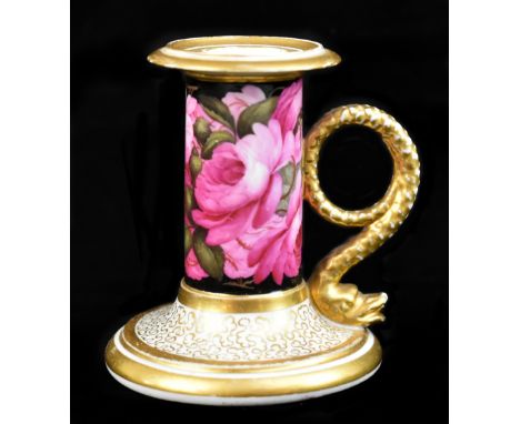 BARR FLIGHT &amp; BARR; an early 19th century Worcester taper stick/dwarf candlestick painted with pink roses and with seawee