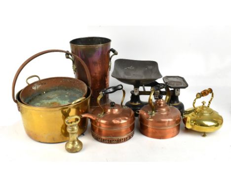 A quantity of assorted metalware including brass jam pan, copper kettles, a set of Berry &amp; Warmington balance scales, etc