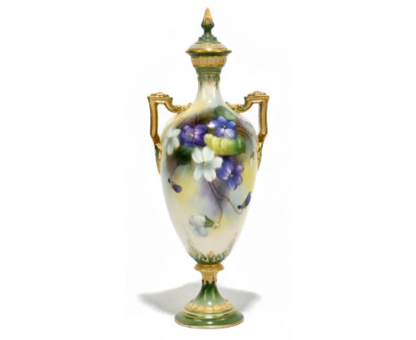 M BLAKE FOR HADLEYS ROYAL WORCESTER; a twin handled lidded vase, painted with floral sprays, signed to body, height 21cm.Addi