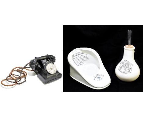 A ceramic improved inhaler with cork top and glass pipe, also a 'New Slipper Bedpan', and a bakelite telephone (3).
