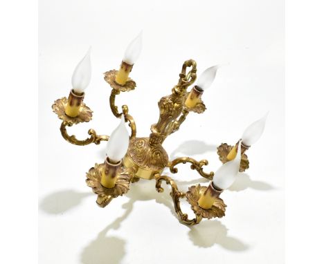 A French gilt metal six branch ceiling light in the Rococo style, height 33cm.